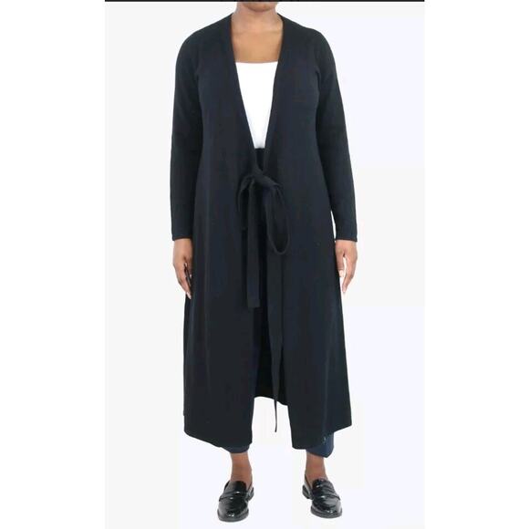 Vintage Clovis Ruffin Black Sz 10 M Tie Front Long Cardigan Wool Sweater Duster - Picture 12 of 15